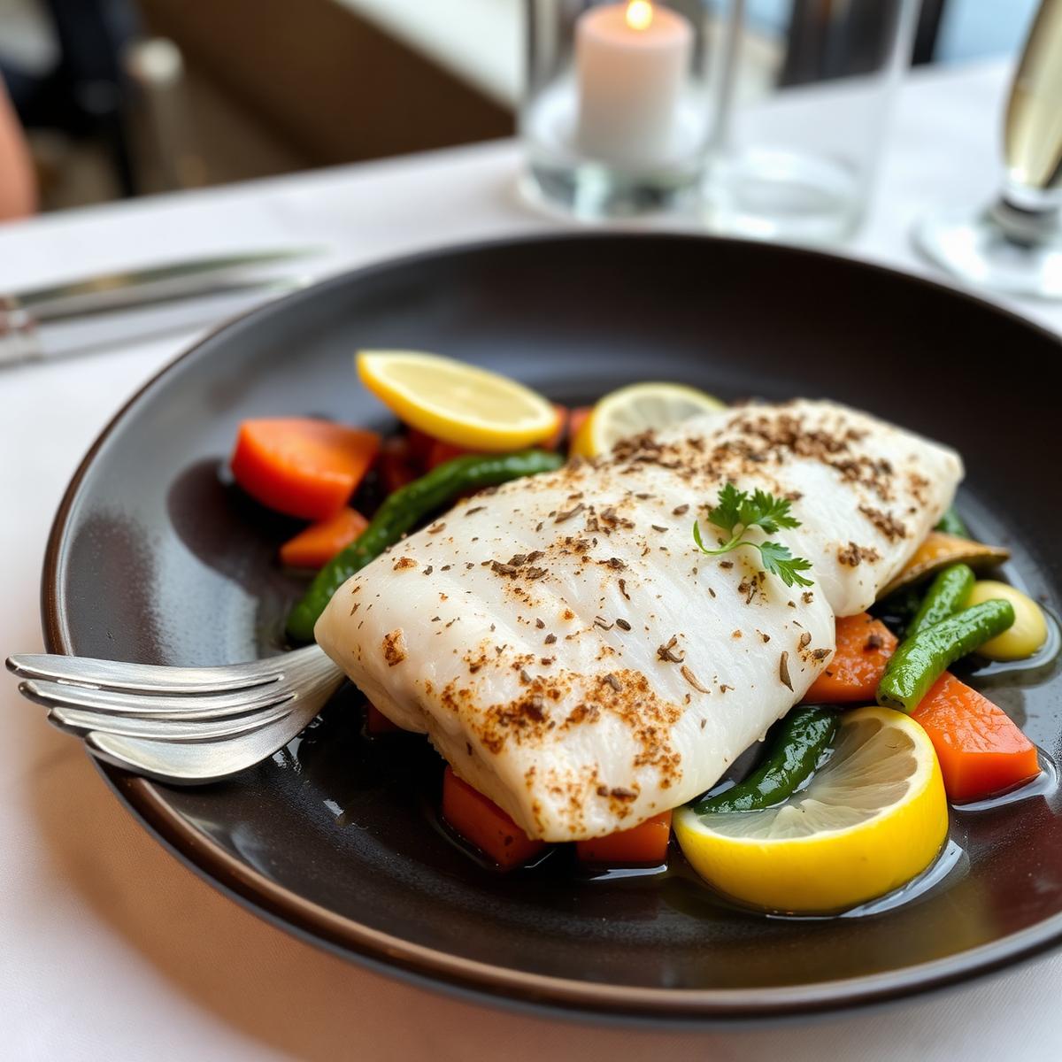 Pan-seared white fish fillet with vegetables