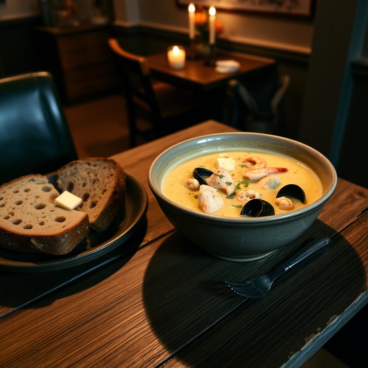 Bowl of The Fishmonger's chowder with sourdough
