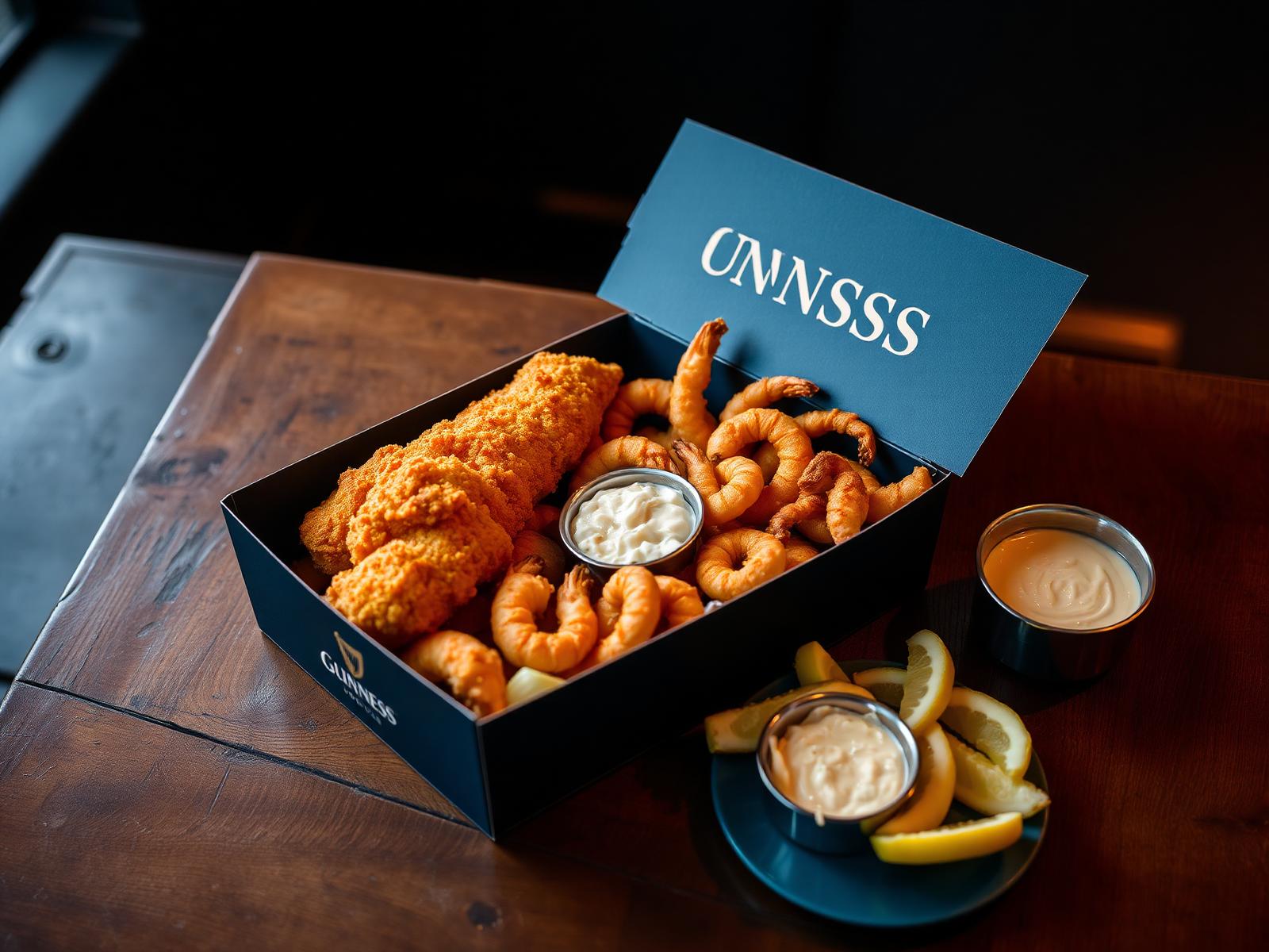 The Fishmonger's Feast — battered fish, prawns, calamari, chips, coleslaw and tartare in the branded navy takeaway box