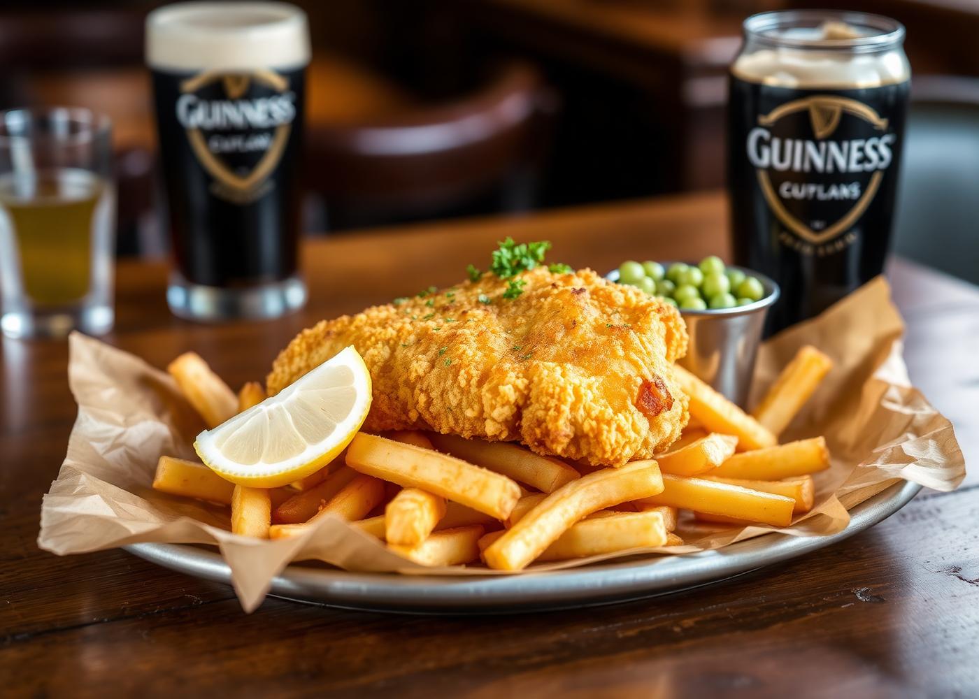 Guinness-battered fish and chips with a pint
