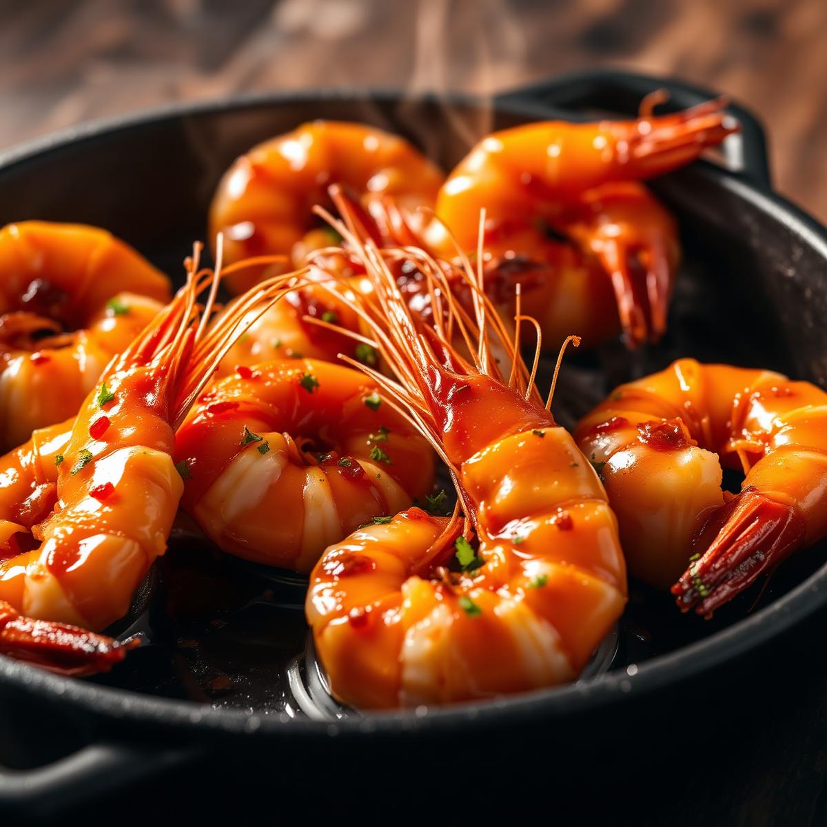 Hot honey prawns in a cast iron pan